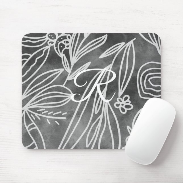 Elegant Black and White Monogram Leaves Drawing Mouse Pad (With Mouse)