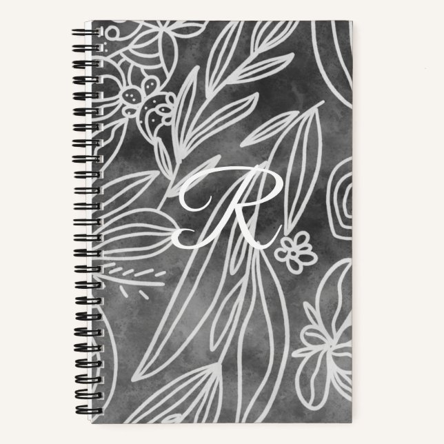 Elegant Black and White Monogram Leaves Drawing Notebook (Front)