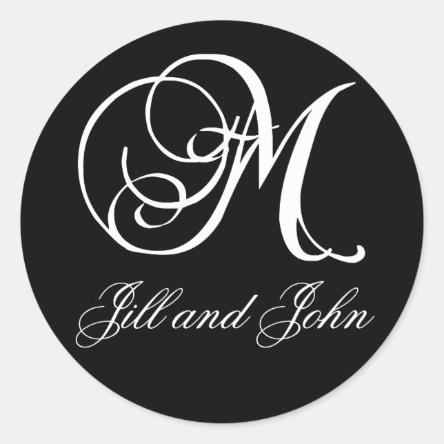 Elegant Black and White Monogram M Names Stickers (Front)