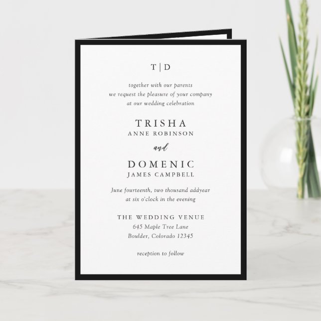 Elegant Black and White Monogram Modern Wedding Invitation (Front)
