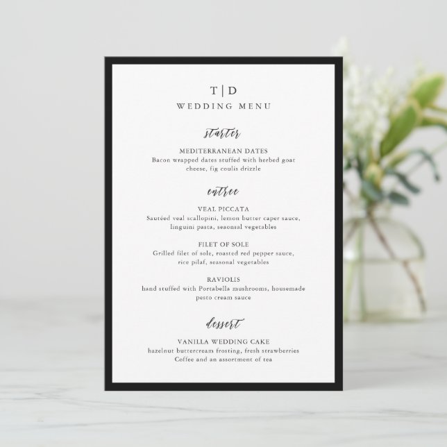 Elegant Black and White Monogram Modern Wedding Menu (Standing Front)