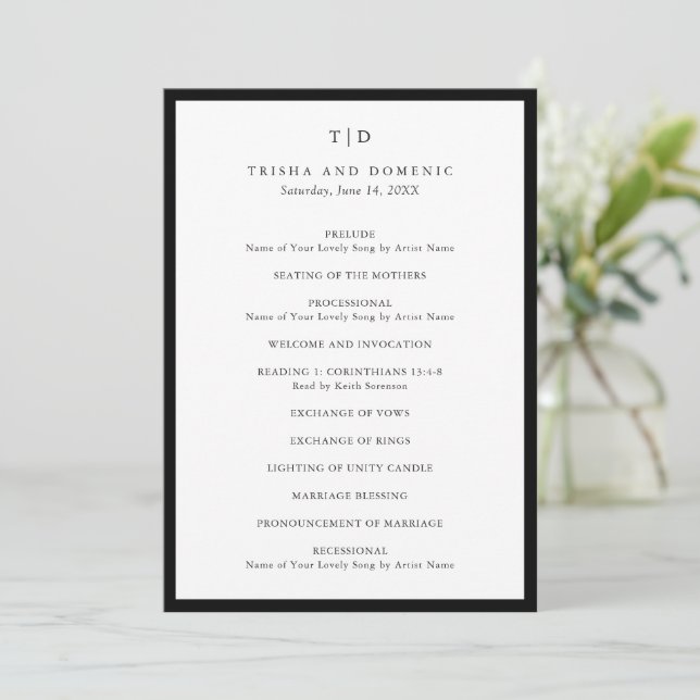 Elegant Black and White Monogram Modern Wedding Program (Standing Front)