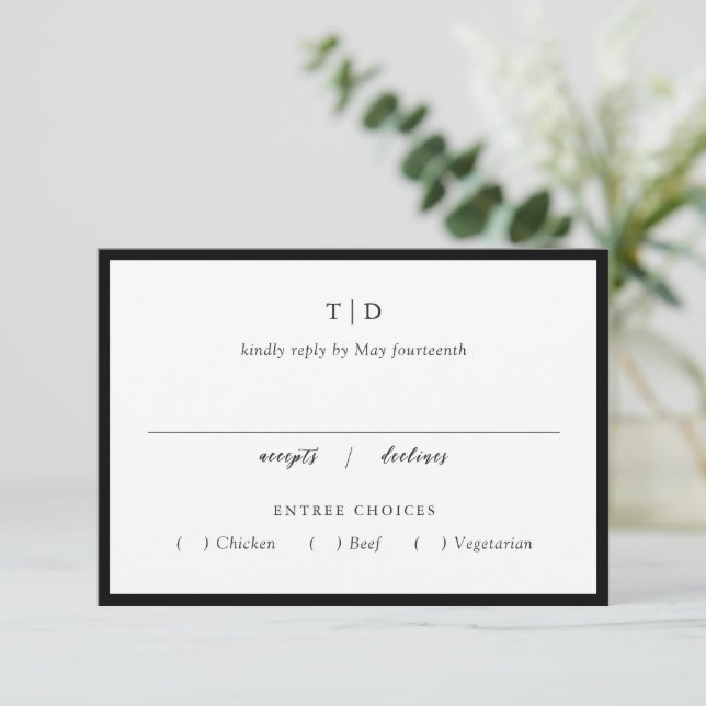 Elegant Black and White Monogram Modern Wedding RSVP Card (Standing Front)