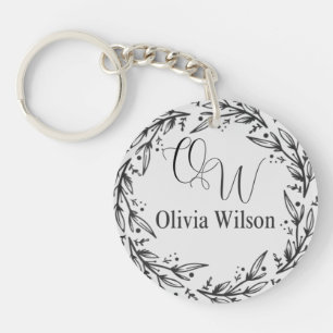 Elegant Black and White Monogram Name Laurel Wreat Keychain