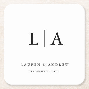 Elegant Black and White Monogram Simple Wedding Square Paper Coaster