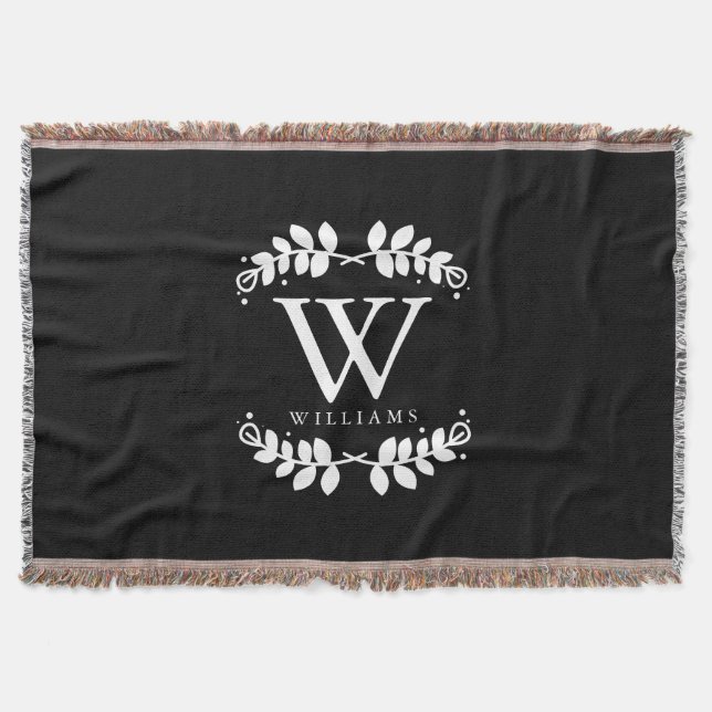 Elegant Black and White Monogram Throw Blanket (Front)