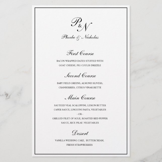 Elegant Black and White Monogram Wedding Menu (Front)