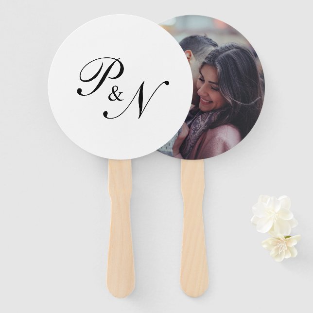 Elegant Black and White Monogram Wedding Photo Hand Fan (Front and Back)