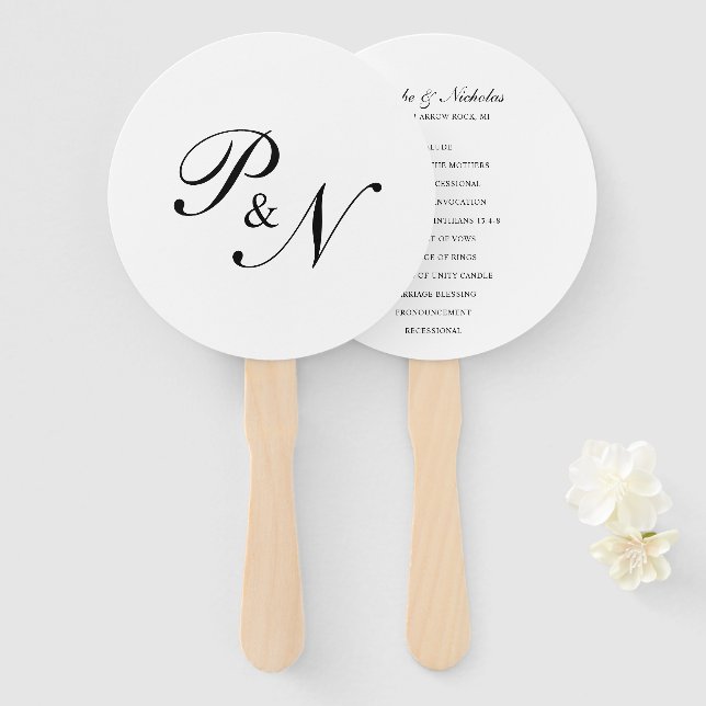 Elegant Black and White Monogram Wedding Program Hand Fan (Front and Back)