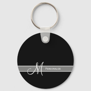 Elegant Black and White Monogram With Name Keychain