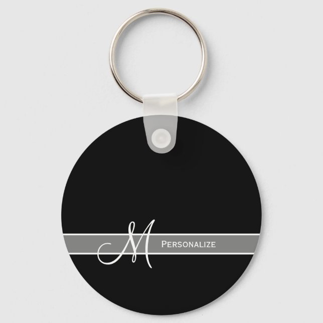 Elegant Black and White Monogram With Name Keychain (Front)