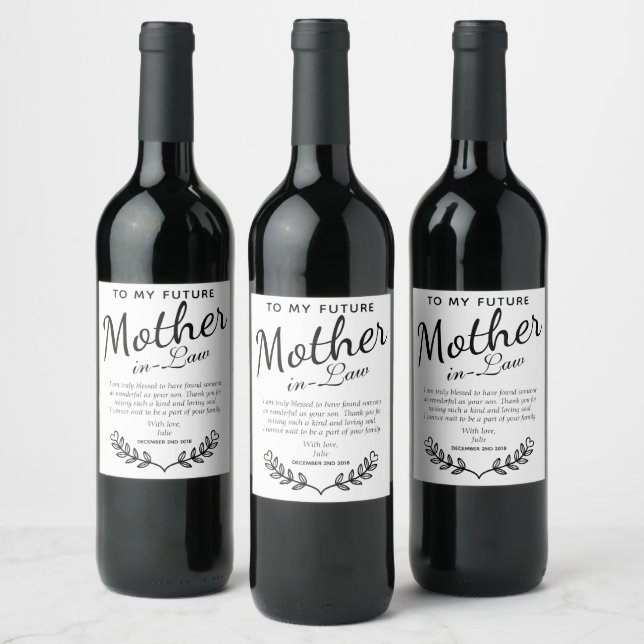 Elegant Black and White Mother in-law Wedding Gift Wine Label (Bottles)