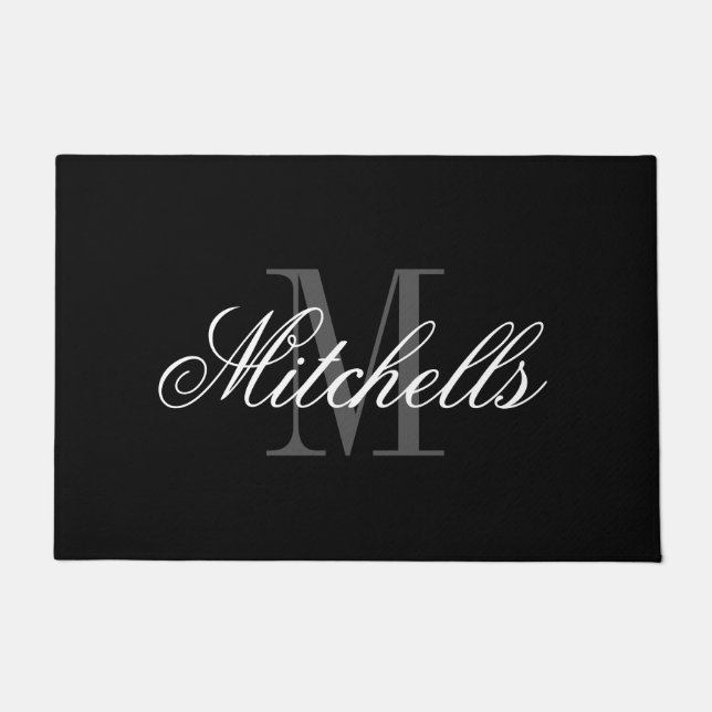 Elegant black and white name monogram door mat (Front)