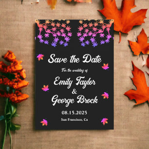 Elegant Black And White Neon Leaves Fall Wedding Save The Date