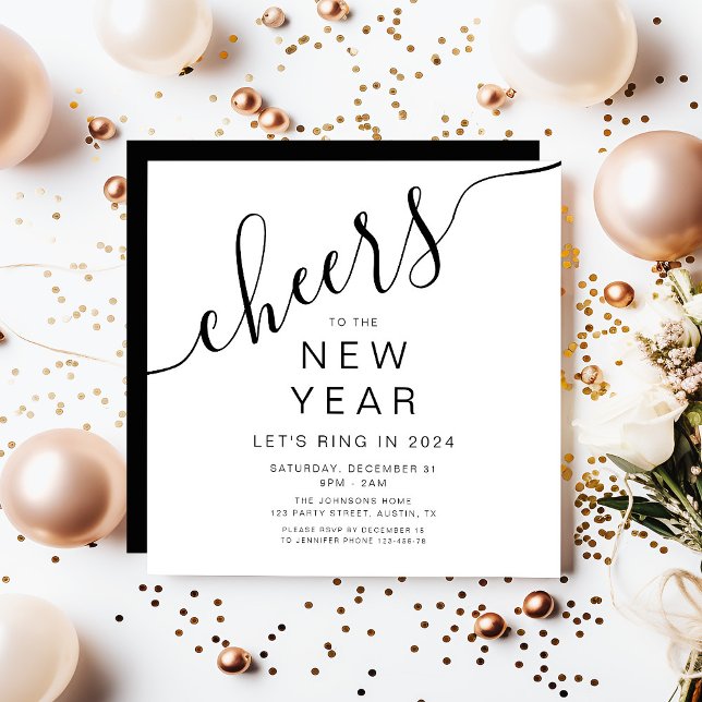 Elegant Black And White New Year's Eve Party Invitation (Elegant Script New Year's Eve Party Invitation)