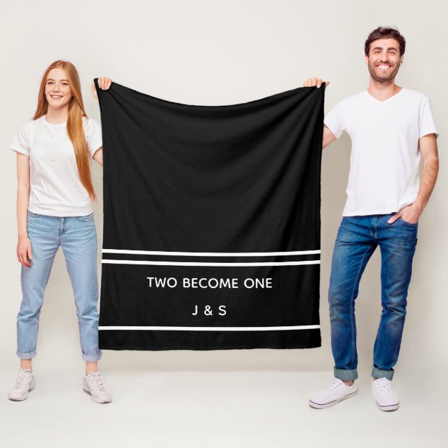 Elegant Black and White Newlywed Initials Fleece Blanket (In Situ)