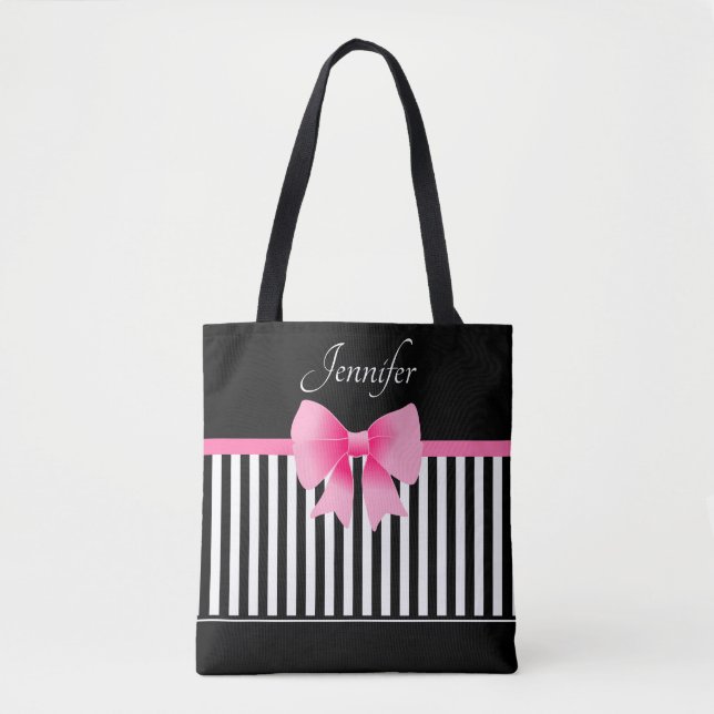 Elegant Black And White Pattern Pink Bow Tote Bag (Front)