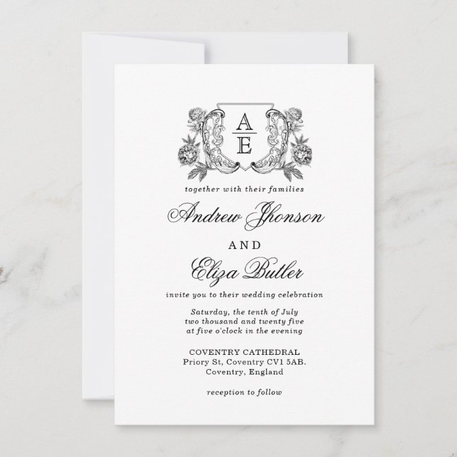 Elegant Black and White Peony Floral Wedding  Invitation (Front)