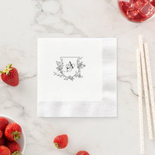 Elegant Black and White Peony Monogram  Napkin
