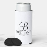 Elegant Black and White Personalized Bridesmaid Ca Seltzer Can Cooler<br><div class="desc">Elegant Black and White Personalized Bridesmaid Gifts
featuring personalized monogram in black elegant script font style with bridesmaid's name and title in classic serif font style on white background.

Also perfect for groomsmen,  best man,  father of the bride,  maid of honour,  flower girl,  mother of the bride and more.</div>
