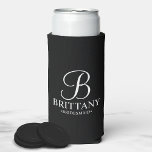 Elegant Black and White Personalized Bridesmaid Seltzer Can Cooler<br><div class="desc">Elegant Black and White Personalized Bridesmaid Gifts
featuring personalized monogram in white elegant script font style with bridesmaid's name and title in classic serif font style on black background.

Also perfect for groomsmen,  best man,  father of the bride,  maid of honour,  flower girl,  mother of the bride and more.</div>