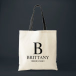 Elegant Black and White Personalized Bridesmaid To Tote Bag<br><div class="desc">Elegant Black and White Personalized Bridesmaid Gifts
featuring personalized bridesmaid's monogram,  name and title in classic serif font style.

Also perfect for Maid of Honour,  Flower Girl,  Mother of the Bride and more.</div>