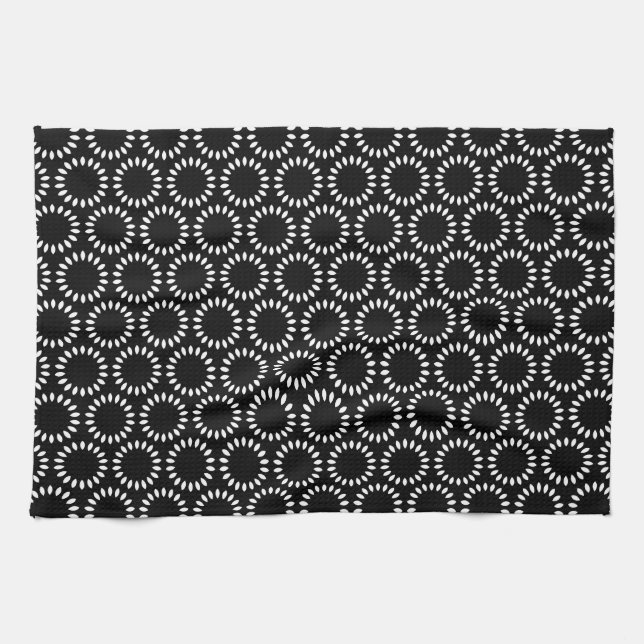 Elegant Black and White Petal Mandala Pattern Kitchen Towel (Horizontal)