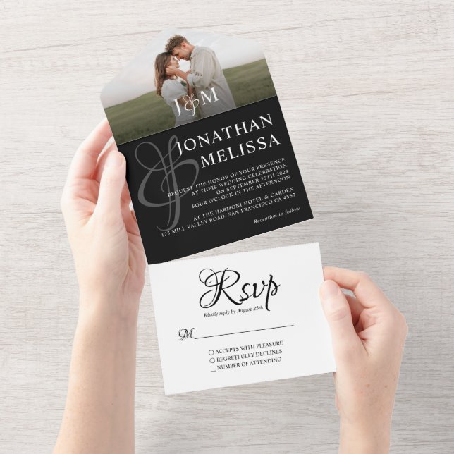 Elegant Black and White Photo Monogram Wedding All In One Invitation (Tearaway)