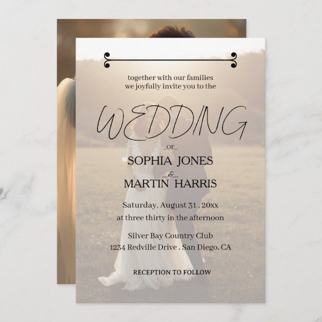 Elegant Black and White Photo Overlay Wedding  Invitation (Front/Back)