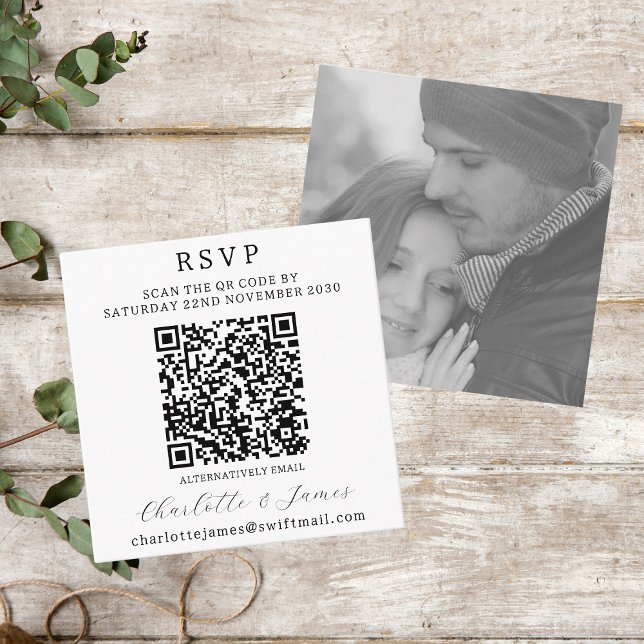 Elegant Black And White Photo QR Code RSVP Enclosure Card (Creator Uploaded)