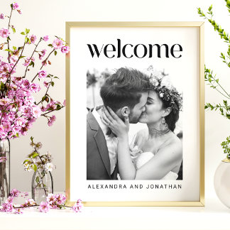 Elegant Black and White Photo Wedding Welcome Sign