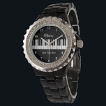 Elegant black and white piano watch for women<br><div class="desc">Elegant black and white piano watch for women. Personalize with name,  monogram,  funny quote or slogan. Custom background colour. Unique Birthday gift ideas for piano player,  pianist,  classical music teacher,  musician,  instructor,  producer,  artist,  wife,  mom,  sister etc. Classy black enamel women's watch with rhinestones.</div>