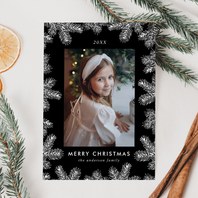 Elegant Black and White Pine Frame Photo Holiday Card (Creator Uploaded)