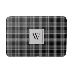 Elegant Black And White Plaid Checks Monogram Bath Mat