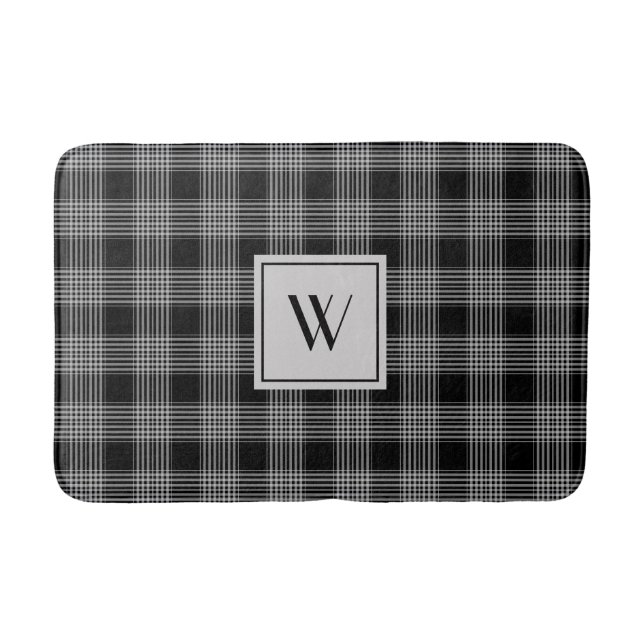 Elegant Black And White Plaid Checks Monogram  Bath Mat (Front)