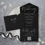 Elegant Black And White QR Code Monogram Wedding All In One Invitation<br><div class="desc">All in one wedding invitation featuring elegant typography on a black background. The invitation includes a perforated RSVP card featuring a QR code. Designed by Thisisnotme©</div>