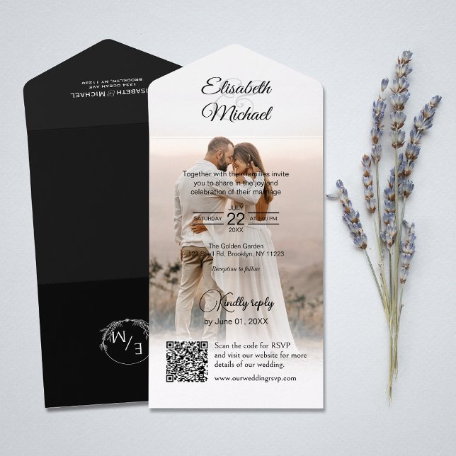 Elegant Black And White QR Code Photo Wedding All In One Invitation (All-in-one wedding invitation with QR code to RSVP - Simplify and save time for you and your guests.)
