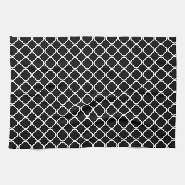 Elegant Black and White Quatrefoil Pattern Kitchen Towel (Horizontal)
