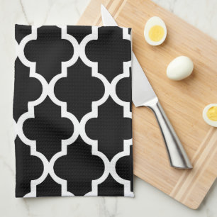 Elegant Black and White Quatrefoil Tiles Pattern Kitchen Towel