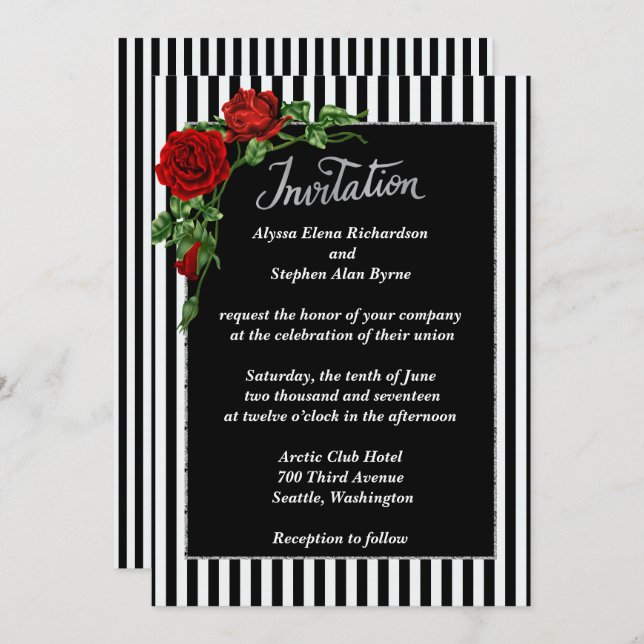 Elegant Black and White Red Rose Wedding Invitatio Invitation (Front/Back)