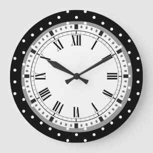 Elegant Black and White Retro Polka Dots Large Clock
