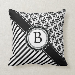 Elegant Black and White Retro Stripes and Damask Throw Pillow