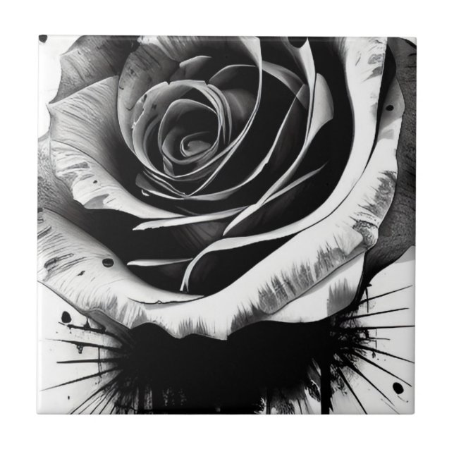 Elegant Black And White Rose Tile (Front)