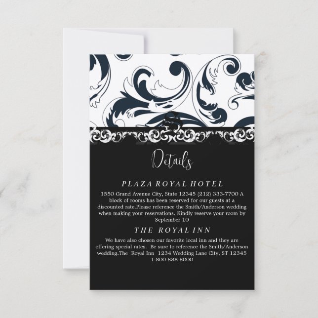 Elegant Black and White Royal Swirl Enclosure Card (Front)