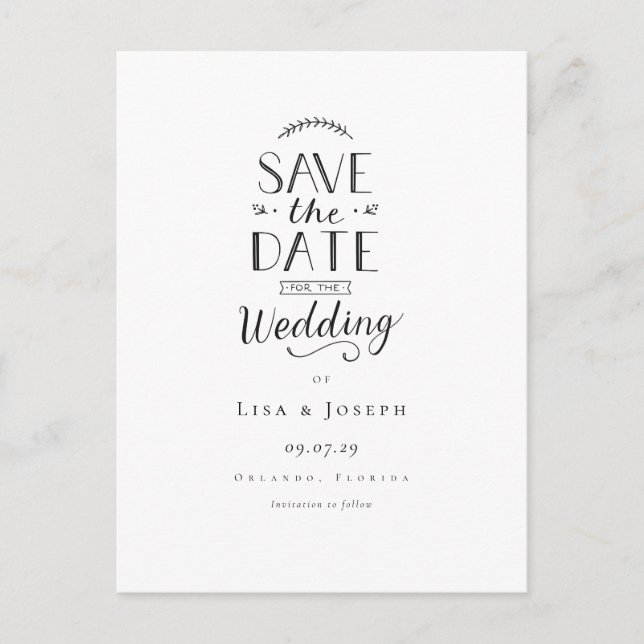 Elegant Black and White Save the Date Announcement Postcard (Front)