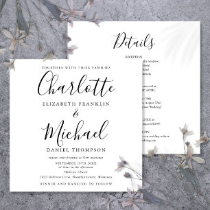 Elegant Black And White Script All In One Wedding Invitation
