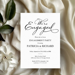 Elegant Black And White Script Engagement Party Invitation