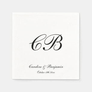 Elegant Black and White Script Monogram Wedding Napkin