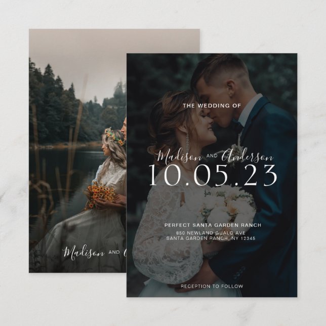 Elegant Black and White Script Photo Wedding Invitation (Front/Back)