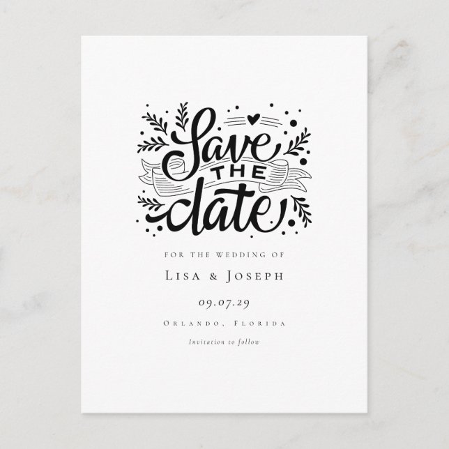 Elegant Black and White Script Save the Date Announcement Postcard (Front)